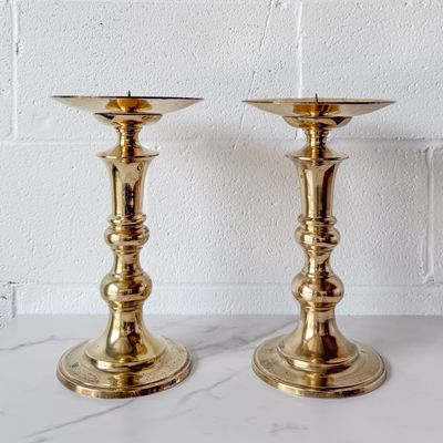Set of (2) Vintage Brass Pillar Candle Holders | 12" | Consignment