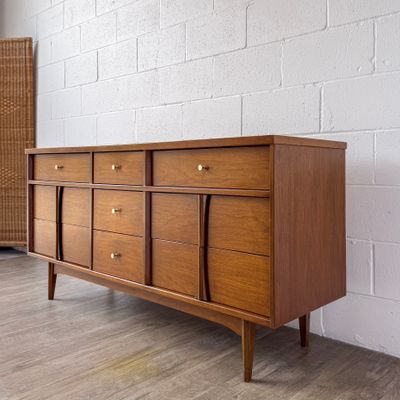 Vintage Mid-Century Modern Bassett Context 9-Drawer Walnut Lowboy Dresser w/ Starburst Rosewood Inlay, Brass Knobs &amp; Sculptural Pulls | Circa 1960