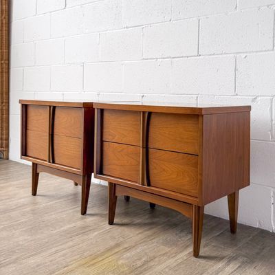 Vintage Set of (2) Mid-Century Modern Bassett Context 2-Drawer Walnut Nightstands w/ Sculptural Pulls | Circa 1960