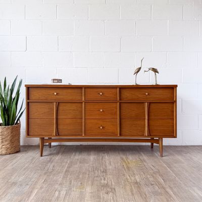 Vintage Mid-Century Modern Bassett Context 9-Drawer Walnut Lowboy Dresser w/ Starburst Rosewood Inlay, Brass Knobs &amp; Sculptural Pulls | Circa 1960