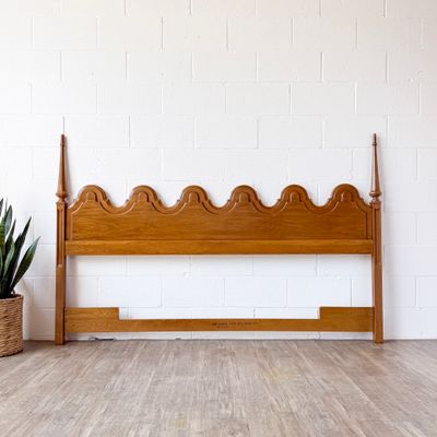 Vintage Spanish Mediterranean Style Scalloped Cherry &amp; Oak King Headboard | Solid Wood