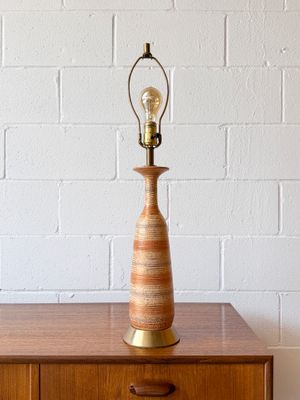 Vintage Mid-Century Modern Ceramic Table Lamp ft. Speckled Glaze w/ Earth Tone &amp; Gold Stripes | In the Style of Bitossi