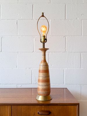 Vintage Mid-Century Modern Ceramic Table Lamp ft. Speckled Glaze w/ Earth Tone &amp; Gold Stripes | In the Style of Bitossi