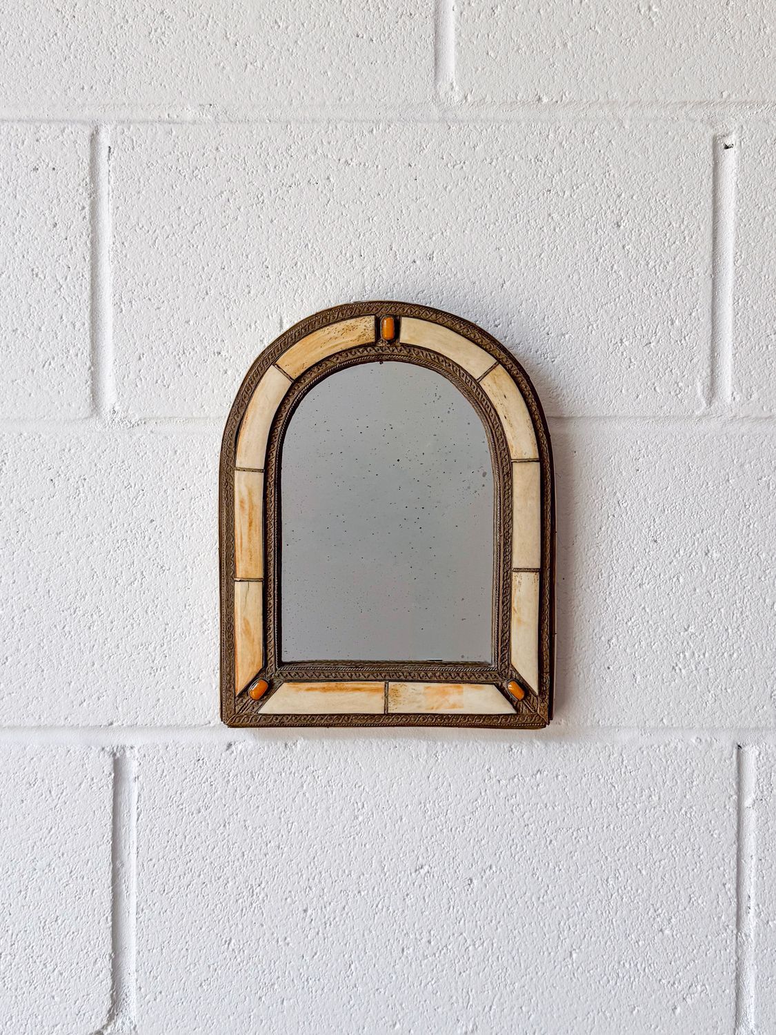 Vintage Moroccan Style Arched Embossed Metal, Bone Inlay &amp; Gem Stone Framed Mirror