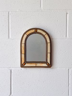 Vintage Moroccan Style Arched Embossed Metal, Bone Inlay &amp; Gem Stone Framed Mirror