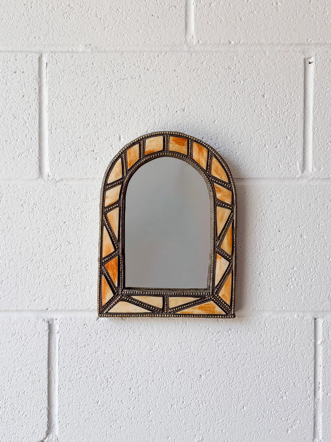 Vintage Moroccan Style Arched Embossed Metal &amp; Geometric Bone Inlay Framed Mirror