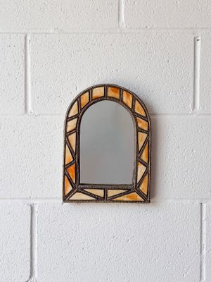Vintage Moroccan Style Arched Embossed Metal &amp; Geometric Bone Inlay Framed Mirror