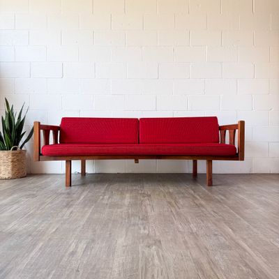 Vintage Mid-Century Modern Danish Style Walnut Sofa w/ Red Woven Upholstery | Daybed
