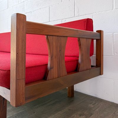 Vintage Mid-Century Modern Danish Style Walnut Sofa w/ Red Woven Upholstery | Daybed