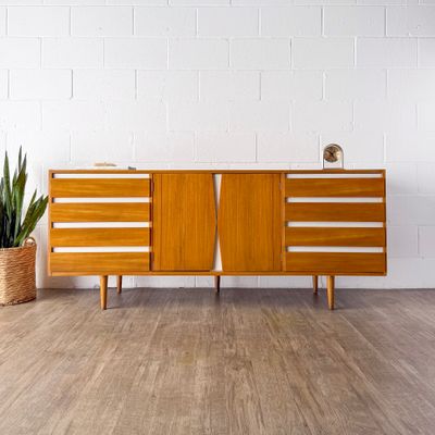 Vintage Mid-Century Modern American of Martinsville 11-Drawer Blonde &amp; White Lowboy Dresser