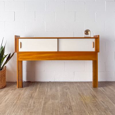 Vintage Mid-Century Modern American of Martinsville Blonde &amp; White Full Headboard w/ Sliding Door Storage