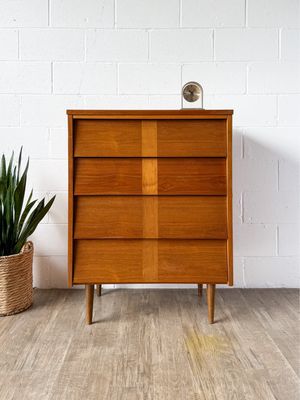 Vintage Mid-Century Modern Louvered &amp; Inlaid 4-Drawer Tallboy Dresser by Ward Furniture Mfg | Restored | Consignment