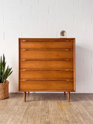Vintage Mid-Century Modern Huntley Walnut 5-Drawer Tallboy Dresser