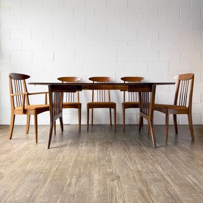 Set of (5) Vintage Mid-Century Modern Garrison Walnut Cat's Eye Copper Orange Upholstered Dining Chairs | (TABLE SOLD)