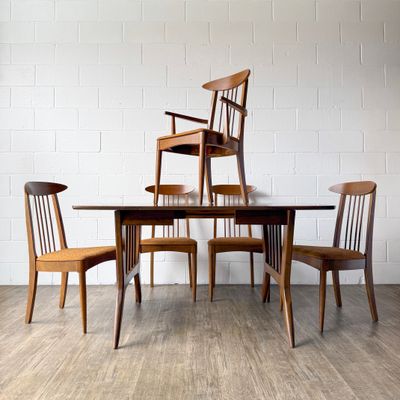 Set of (5) Vintage Mid-Century Modern Garrison Walnut Cat's Eye Copper Orange Upholstered Dining Chairs | (TABLE SOLD)