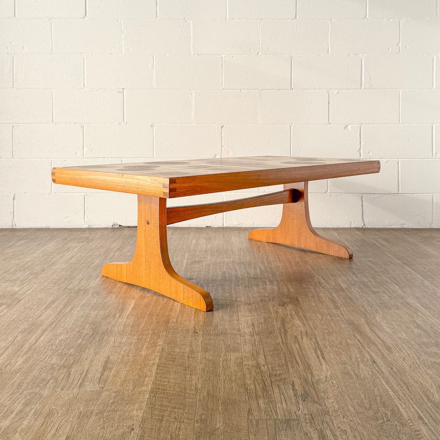 Vintage Danish Modern Teak Tile Top Trestle Style Coffee Table by H.M. Sofaborde