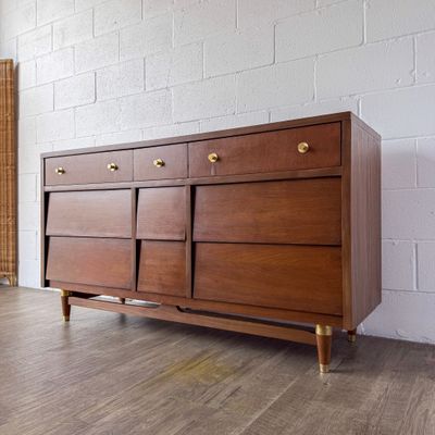 Refinished Vintage Mid-Century Modern The Real McCoy Walnut 9-Drawer Lowboy Dresser | Consignment