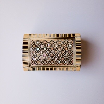 Antique Rectangular Hinged Wooden Box w/ Mother of Pearl Inlay | Lined Red Velvet Interior