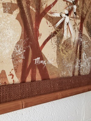 Large Vintage Solid Wood Framed Bamboo Painting on Canvas Signed Thomas Pell | Earthy Neutral Tones
