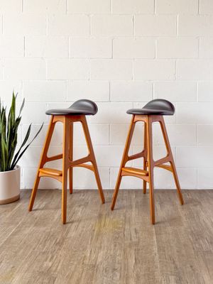 Vintage Set of (2) Danish Modern Teak &amp; Leather Bar Stools by Erik Buch