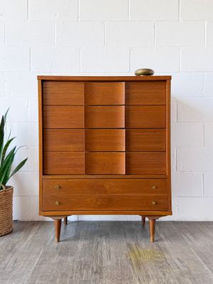 Vintage Mid-Century Modern Johnson Carper Delray Walnut &amp; Formica Top 5-Drawer Tallboy Dresser