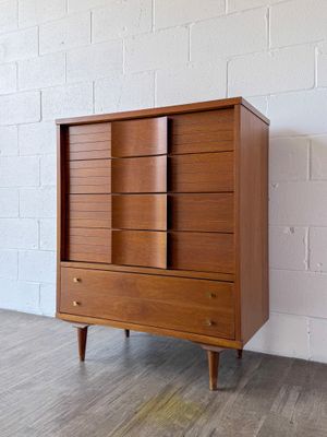 Vintage Mid-Century Modern Johnson Carper Delray Walnut &amp; Formica Top 5-Drawer Tallboy Dresser