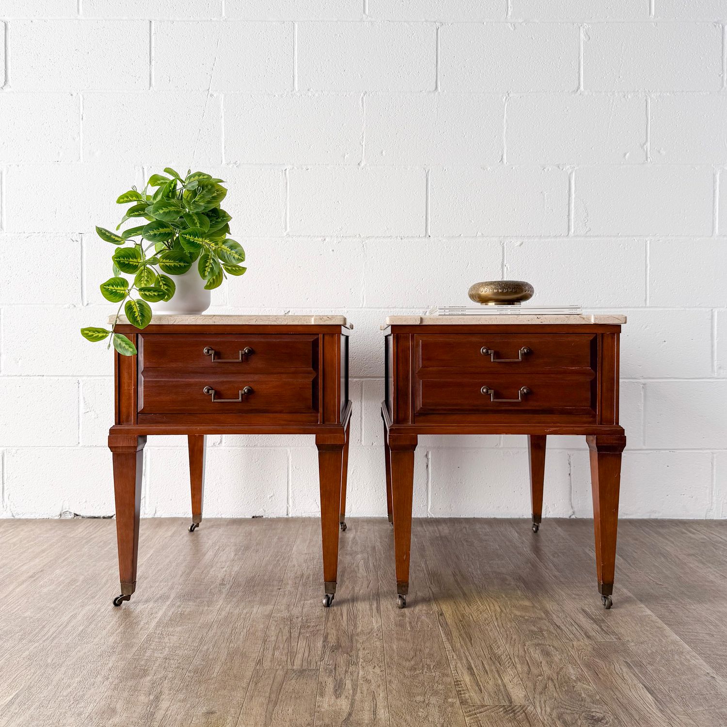 Set of (2) Vintage Mid-Century Neoclassical Style Cream Polished Shell Stone Top Single Drawer End Tables