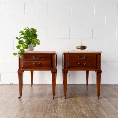 Set of (2) Vintage Mid-Century Neoclassical Style Cream Polished Shell Stone Top Single Drawer End Tables