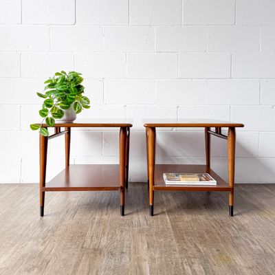 Set of (2) Vintage Mid-Century Modern Lane Acclaim Walnut &amp; Ash Two-Tier End Tables by Andre Bus| Refinishing Available
