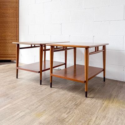 Set of (2) Vintage Mid-Century Modern Lane Acclaim Walnut &amp; Ash Two-Tier End Tables by Andre Bus| Refinishing Available