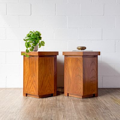 Set of (2) Vintage Lane Brutalist Style Hexagonal Oak End Tables w/ Door &amp; Inlaid Tops | Refinishing Available