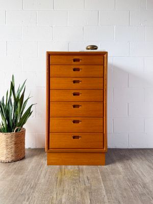 Vintage Danish Modern Teak 7-Drawer Tallboy Dresser w/ Rosewood Accented Recessed Pulls in the Style of EMC Møbler