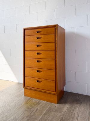 Vintage Danish Modern Teak 7-Drawer Tallboy Dresser w/ Rosewood Accented Recessed Pulls in the Style of EMC Møbler