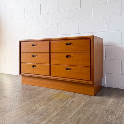 Vintage Danish Modern Teak 6-Drawer Lowboy Dresser w/ Rosewood Accented Recessed Pulls in the Style of EMC Møbler