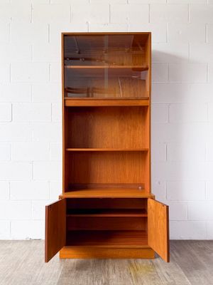 Vintage G-Plan Fresco Teak Single-Bay Wall Unit by Victor B. Wilkins w/ 3 Adjustable Shelves, Sliding Glass Doors &amp; Double-Door Cabinet Base
