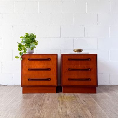 Set of (2) Vintage G-Plan Fresco Teak 3-Drawer Nightstands by Victor B. Wilkins