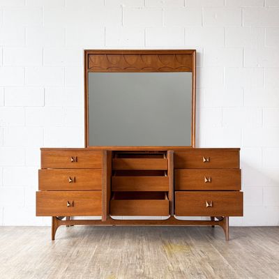 Vintage Mid-Century Modern Broyhill Brasilia Walnut 9-Drawer Lowboy Dresser w/ Mirror