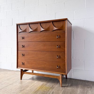 Vintage Mid-Century Modern Broyhill Brasilia Walnut 5-Drawer Tallboy Dresser