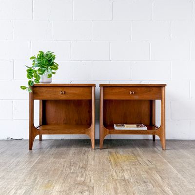 Set of (2) Vintage Mid-Century Modern Broyhill Brasilia Walnut 2-Tier Single-Drawer Nightstands