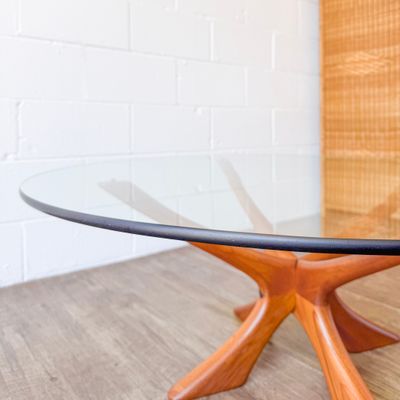 Vintage Danish Modern Niels Eilersen Model T118 Round Glass Top Teak Coffee Table by Illum Wikkelsø