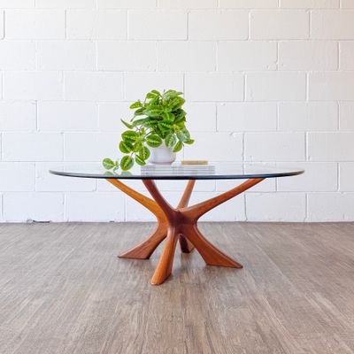 Vintage Danish Modern Niels Eilersen Model T118 Round Glass Top Teak Coffee Table by Illum Wikkelsø