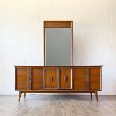 Mid-Century Modern Bassett Aztec 9-Drawer Lowboy Dresser and Mirror | Refinishing Available