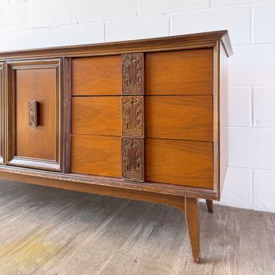 Mid-Century Modern Bassett Aztec 9-Drawer Lowboy Dresser and Mirror | Refinishing Available