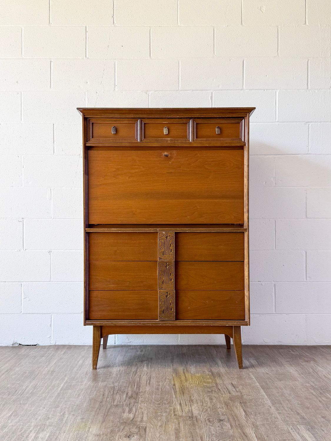 Vintage Mid-Century Modern Bassett Aztec 4-Drawer / Secretary Combo | Refinishing Available