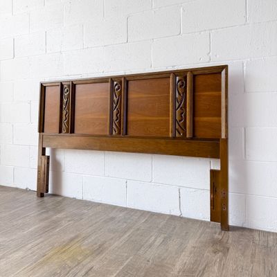 Vintage Mid-Century Modern Bassett Walnut Mayan Queen Headboard