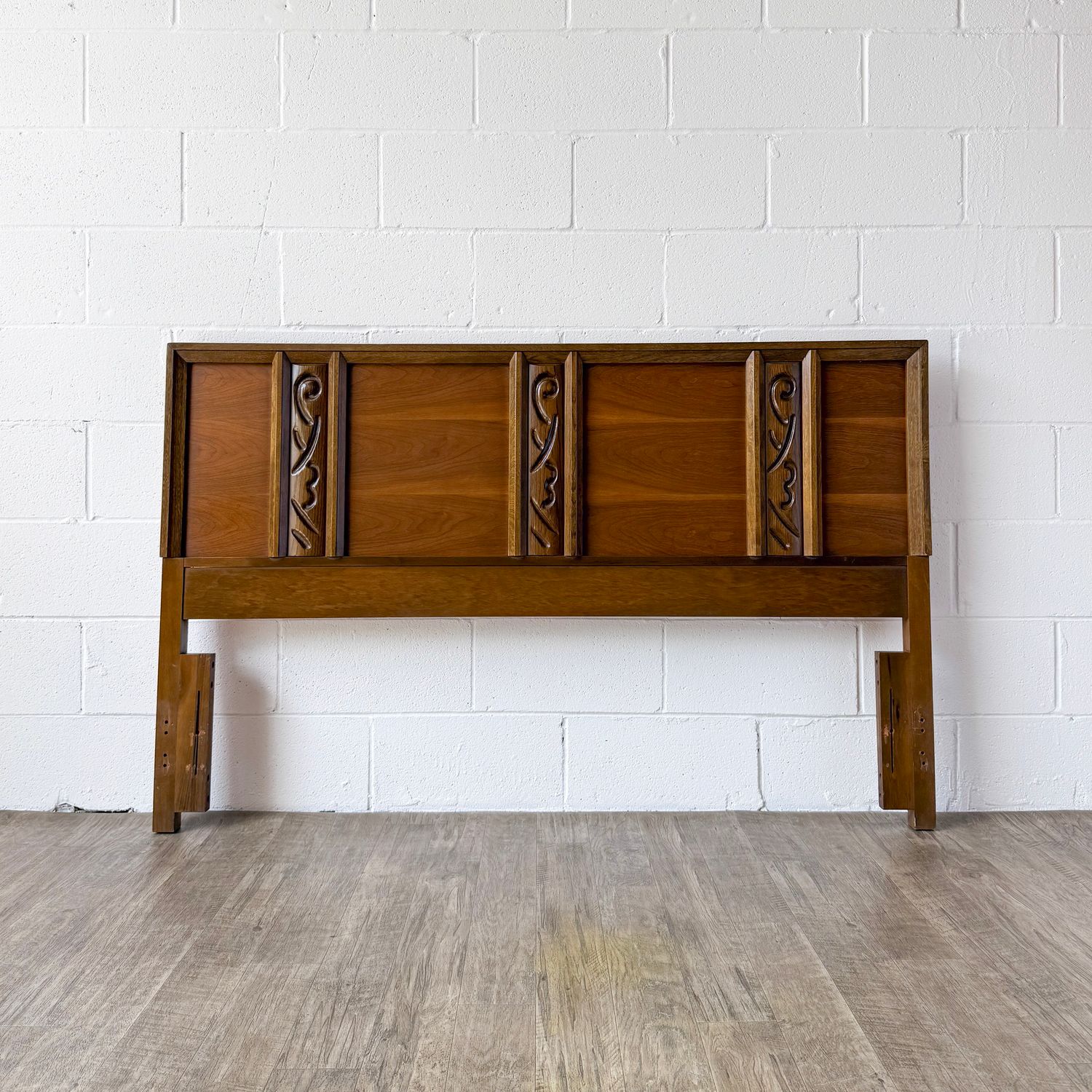 Vintage Mid-Century Modern Bassett Walnut Mayan Queen Headboard