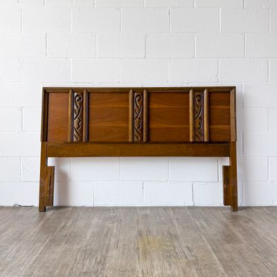 Vintage Mid-Century Modern Bassett Walnut Mayan Queen Headboard