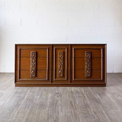 Vintage Mid-Century Modern Bassett Mayan Walnut 9-Drawer Lowboy and Mirror