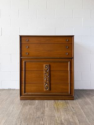 Vintage Mid-Century Modern Bassett Mayan Walnut 5-Drawer Tallboy Dresser
