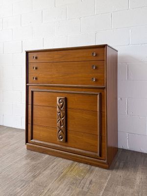 Vintage Mid-Century Modern Bassett Mayan Walnut 5-Drawer Tallboy Dresser